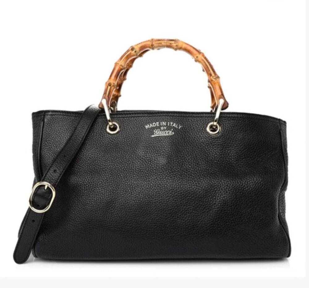 Gucci Medium Bamboo Shopper Black Pebbled Calfskin Leather Tote
